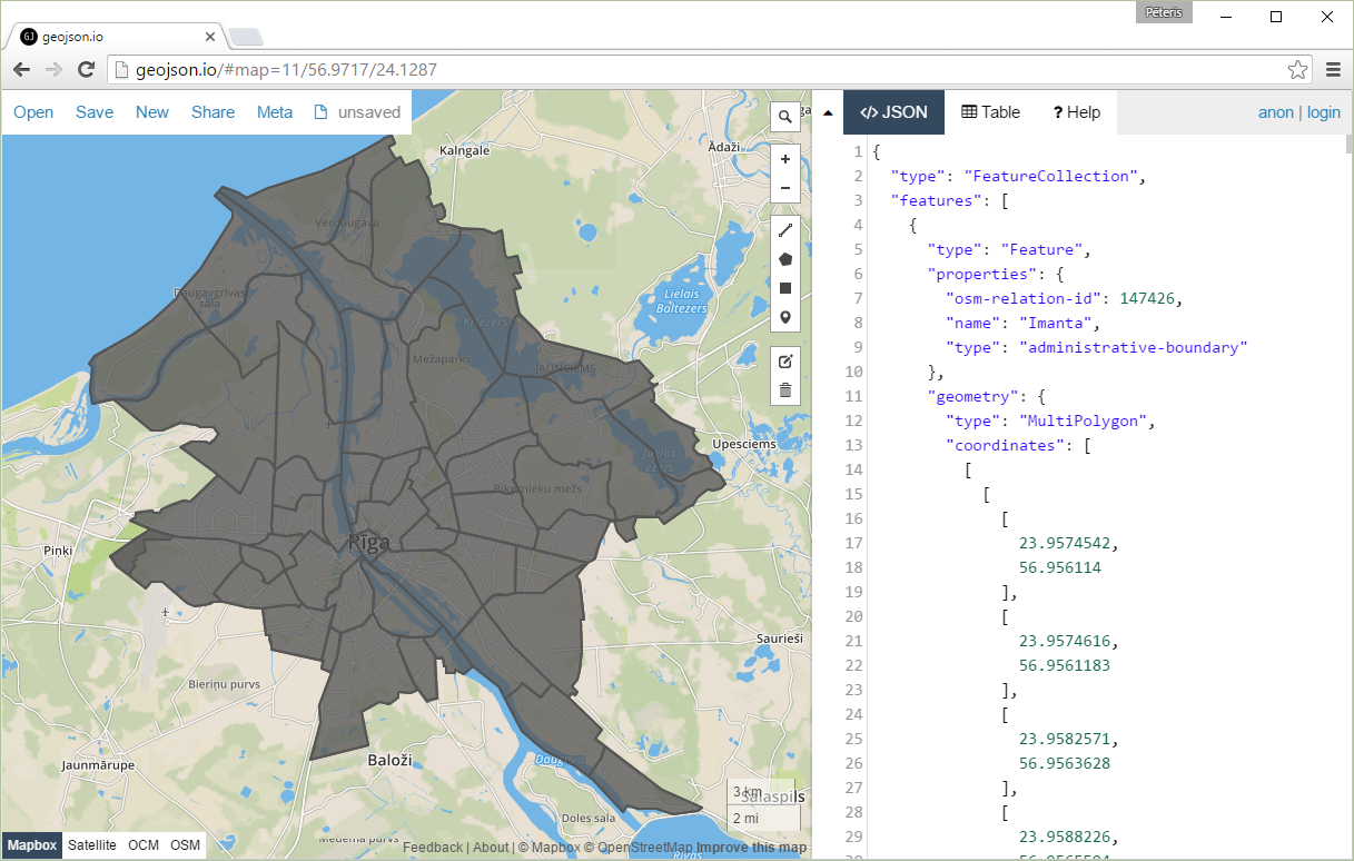 geojson.io map showing administrative boundaries in Riga